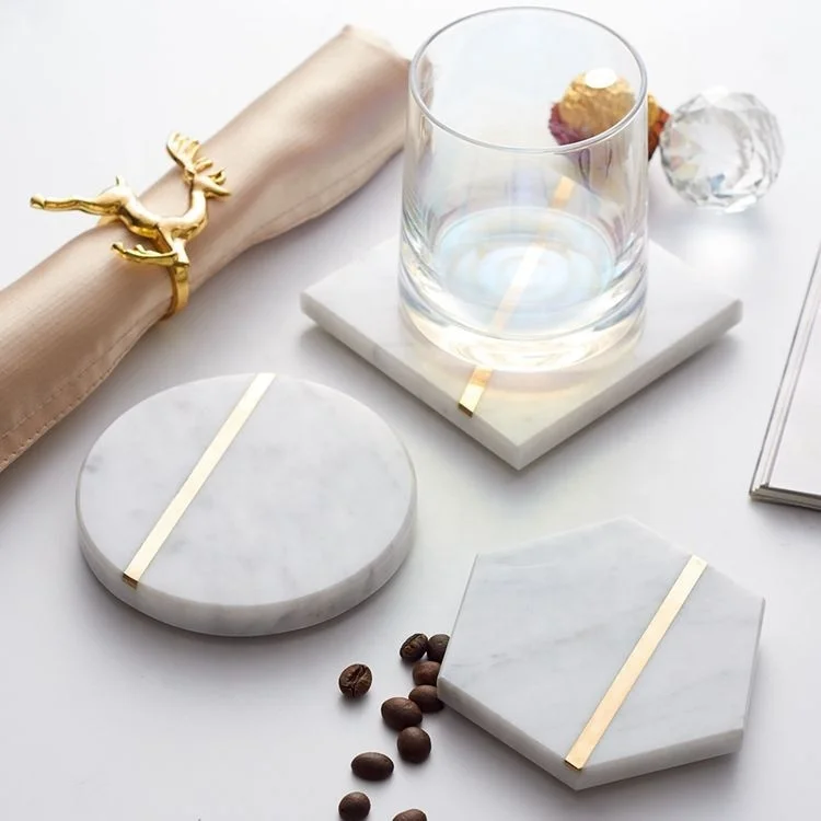 

Factory Direct Sale Hexagon Shape Marble Coaster With Brass Inlay Custom White Marble Coaster Set For Cup Coffee Table Mat