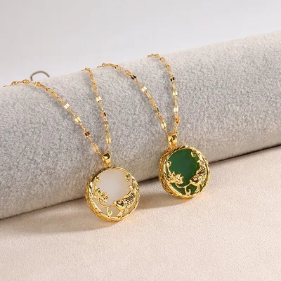 

NUORO 18K Gold Necklace Dainty Jewelry Vintage Style Titanium Steel Gold Edge Ornaments Jade Stone Pendant Necklace