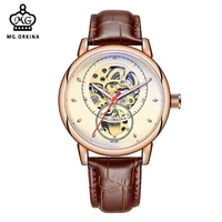 

ORKINA MG083 Watches Men Leather Wristwatches 2019 Latest Mens Watch Fashion Leather Band Skeleton Watch Watches Men