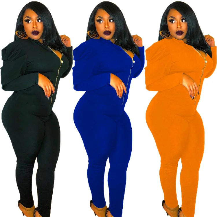 

2020 fall winter clothing zipper up outfits Pure color flare bubble sleeve casual sports wear two piece suits set