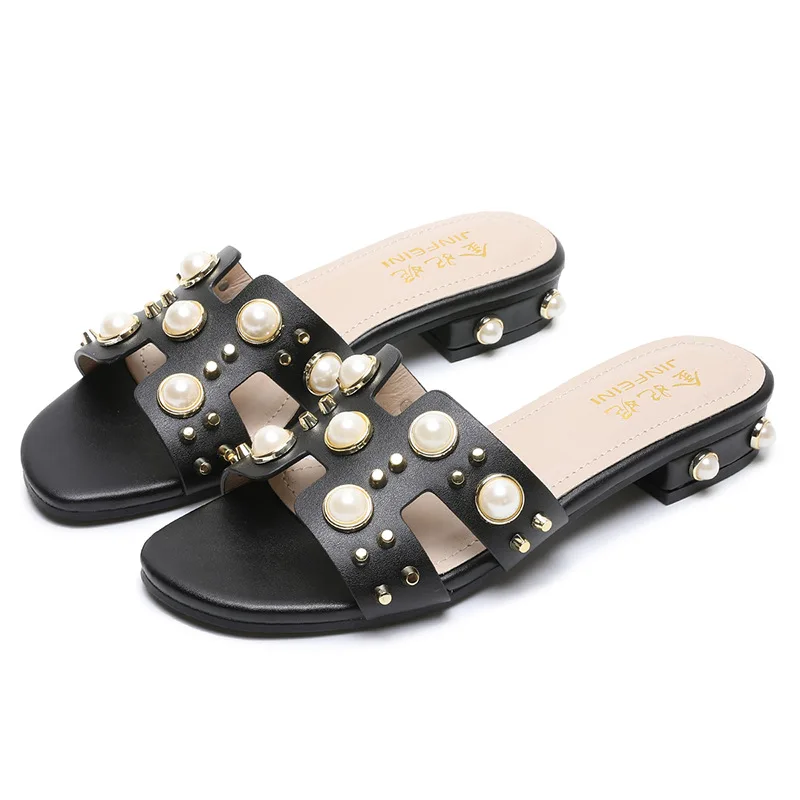 

Summer new style Roman style women's casual wear H-shaped fashion pearl rivet flat sandals and slippers, Customized color