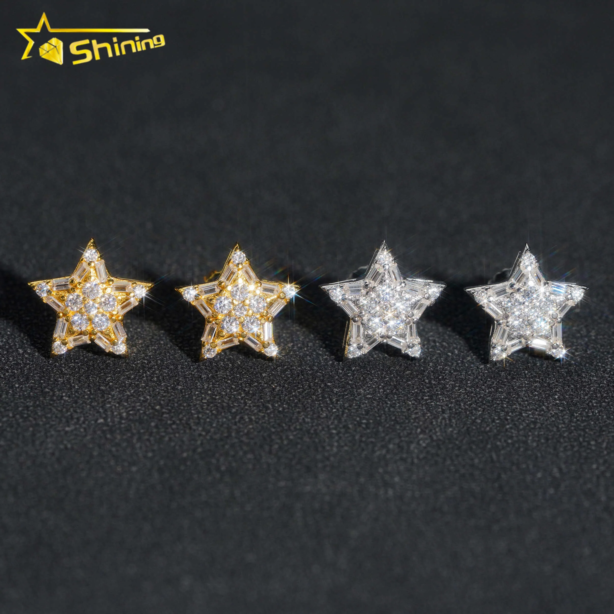 

Hip Hop Pass Diamond Tester Star Shape Baguette Diamond 925 Sterling Silver Moissanite Stud Earrings