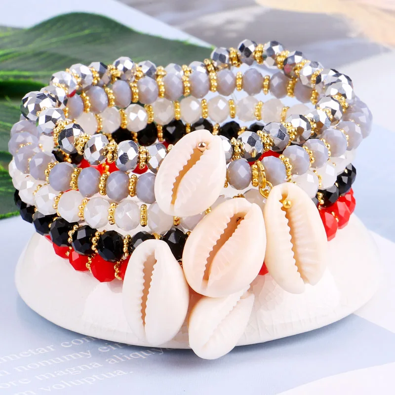 

Fashion Elastic Bracelet Faceted Crystal Bead Charm Bracelet With Shell Jewellery For Women Gift 2019, As picture