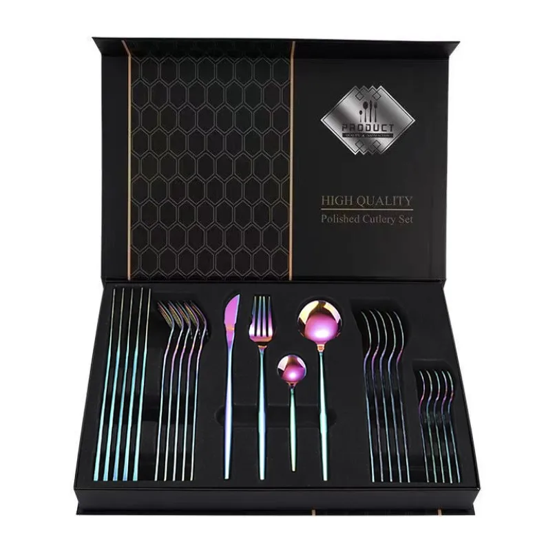 

Drop shipping portable stainless steel white gold cutlery flatware set with colored handle in boxes 20 pcs