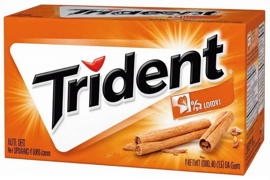 Close-up photograph of Trident cinnamon gum packaging showing the distinctive red wrapper and product name