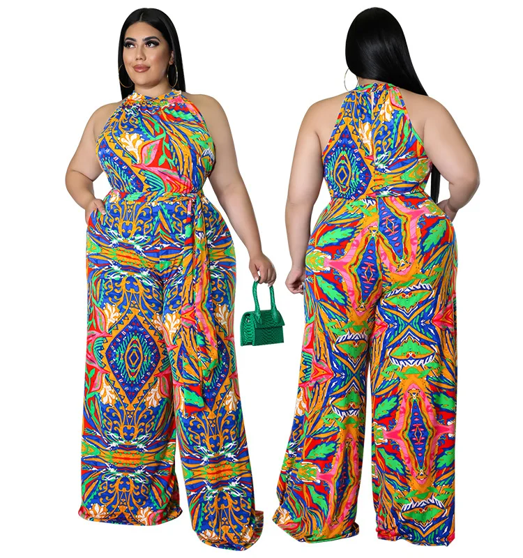 

Wholesale Plus Size Women's Spring 2022 Printed Collar Plus Size Jumpsuit