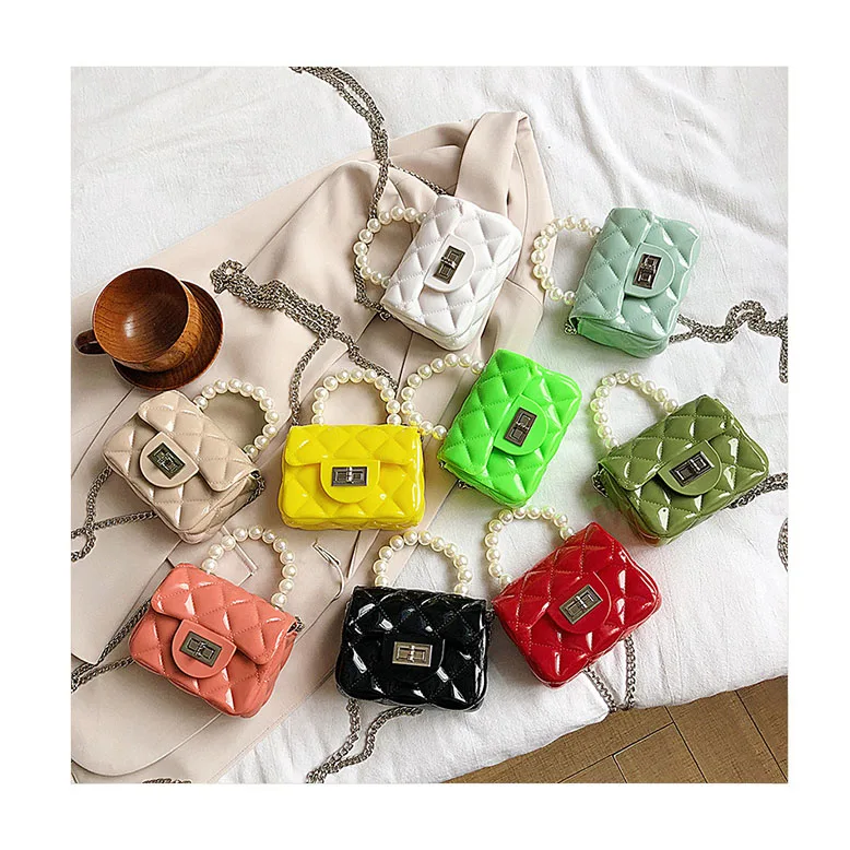 

Mini Diamond Lattice Shoulder Bags Quilted Pearls Women Small Coin Purses Candy Color Messenger Bag Patent Leather Jelly Totes