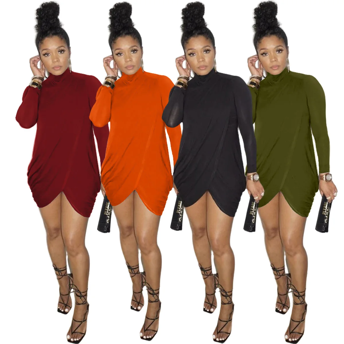 

2021 Women Clothing Sexy Solid Color Long Sleeve Cross Slit High Neck Plus Size Girls' Dresses, Orange, wine red, navy, black