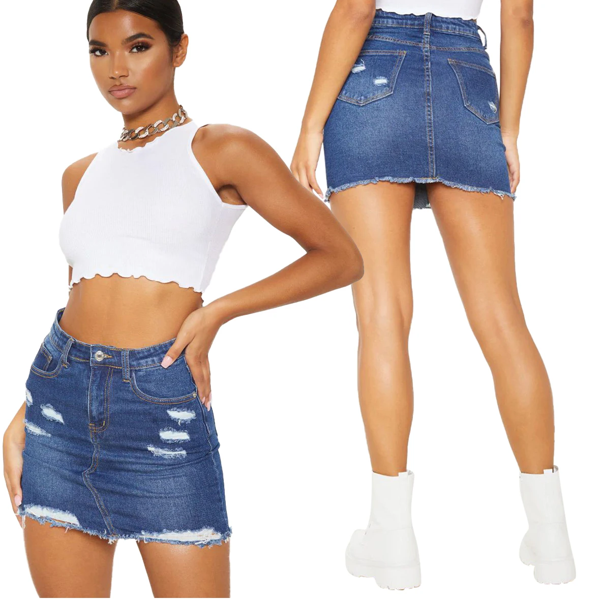 

Summer Women Summer Ripped Jean Skirts Short Youngster Girls Sexy Streetwear Mini Washed Denim Skirts, Shown