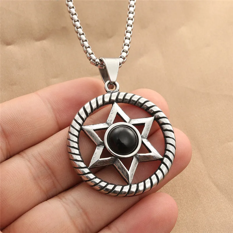 

Best Selling Hollow Six Pointed Star Pendant Necklace Stainless Steel Black Gemstone Star Pendant Necklace