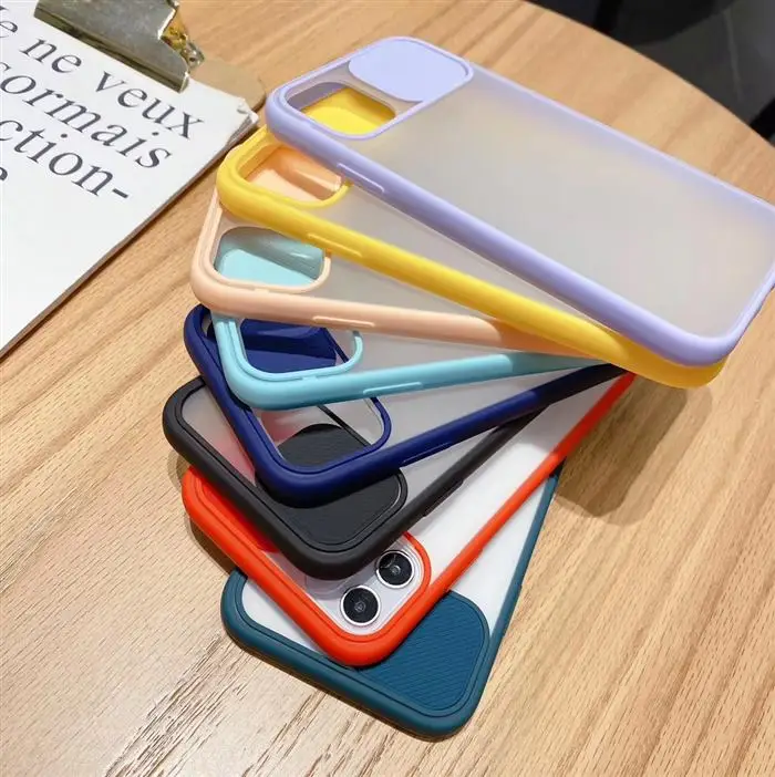 

2020 Designer unique Sliding Camera lens protection cell phone case Transparent Matte phone case For Iphone 12 pro, Black,dark blue ,dark green, lavender,pink,red,yellow