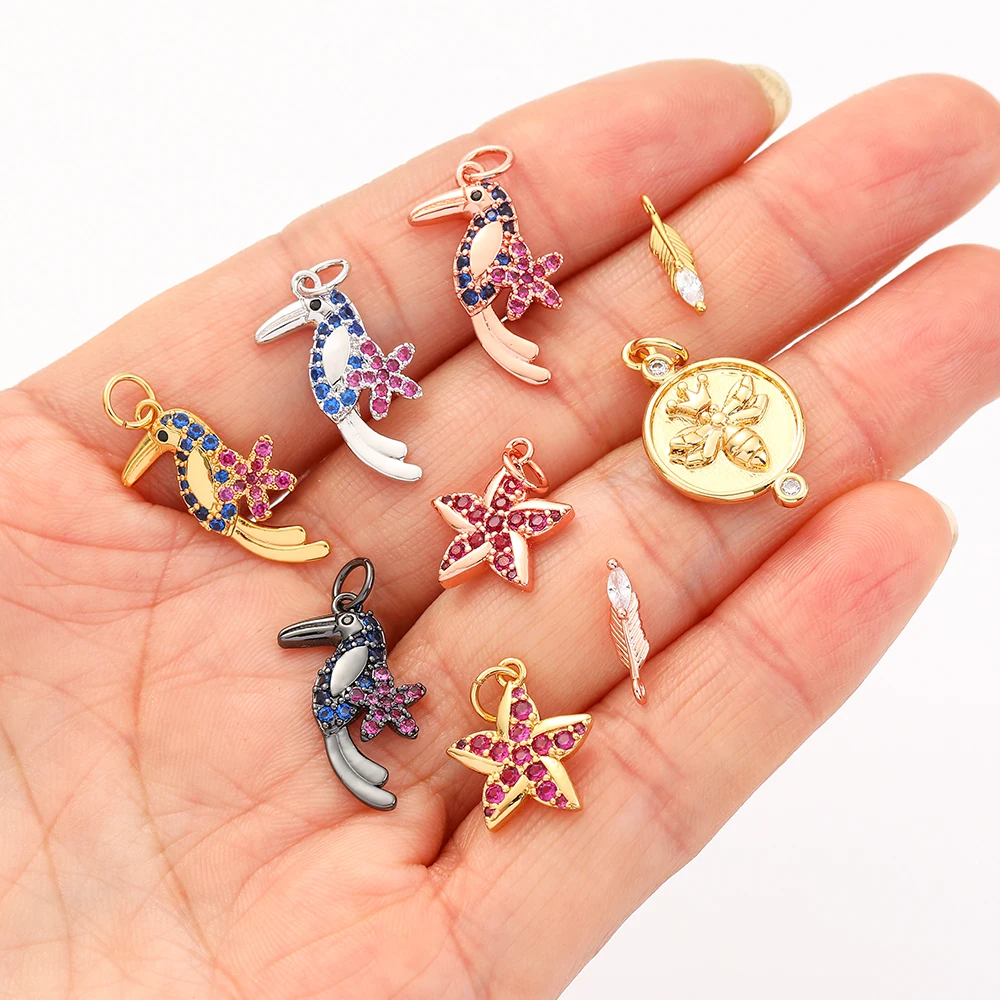 

Fashion Design18k gold plated copper with zircon charms starfish leaf bird pendant for jewelry necklace bracelet earring making