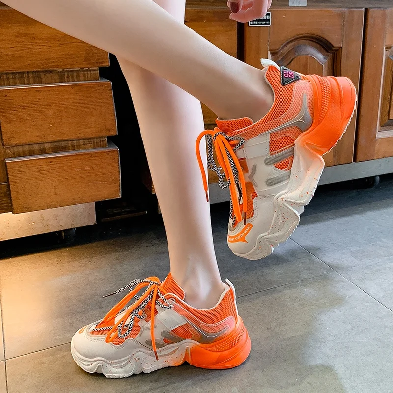 

Women Fashion Sneakers Casual Breathable Mesh Chunky Platform Shoes Female Sneaker Lace Up New Vulcanize Shoes zapatillas mujer, Blue,orange,pink,grey