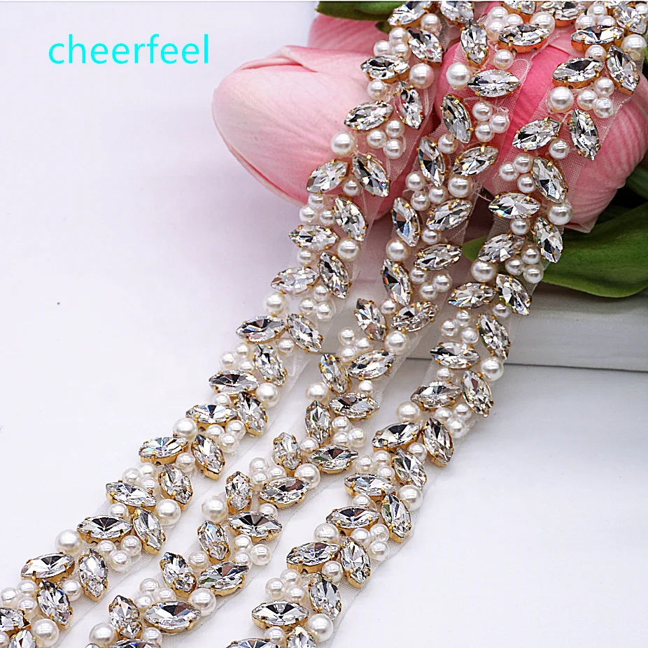 

Hot Sale iron on rhinestone crystal beaded pearl trimmings for wedding sash belt RH-986, Silver with blue crystal