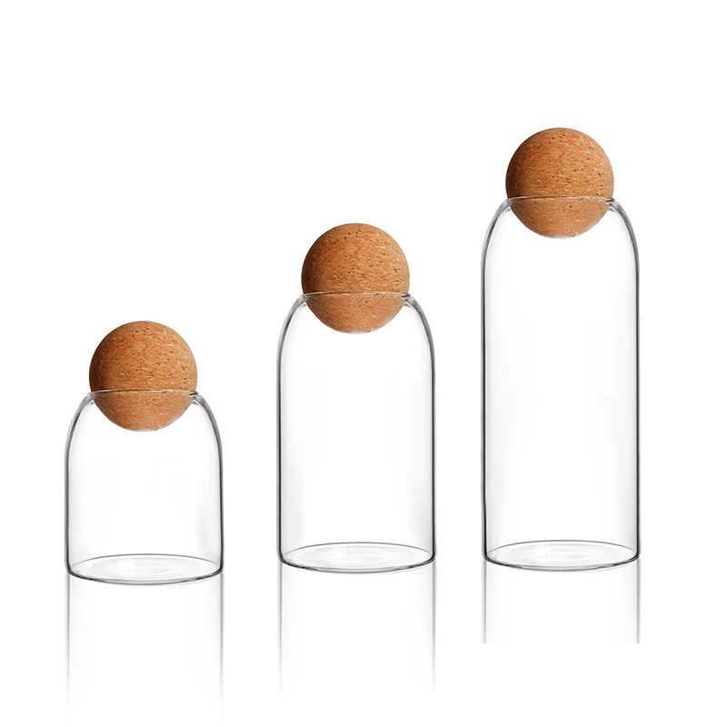 

Hot Selling Set of 3 Glass Spice Jars With Ball shape Cork Lid for Kitchen