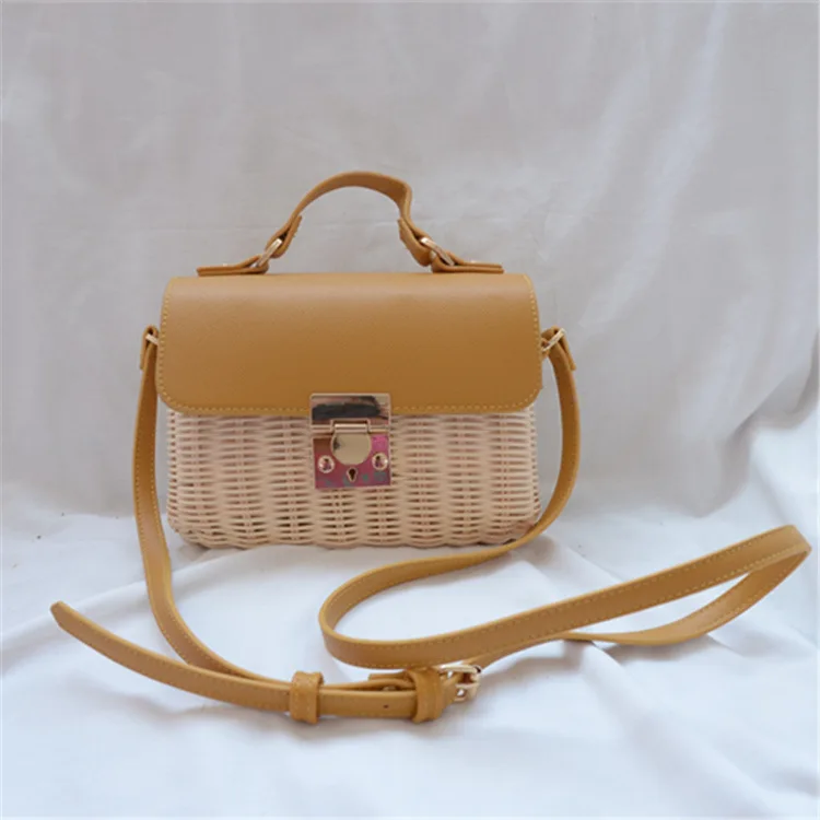 

Personalized mini flip leather strap sling shoulder bag woven wicker handbag beach rattan straw bag