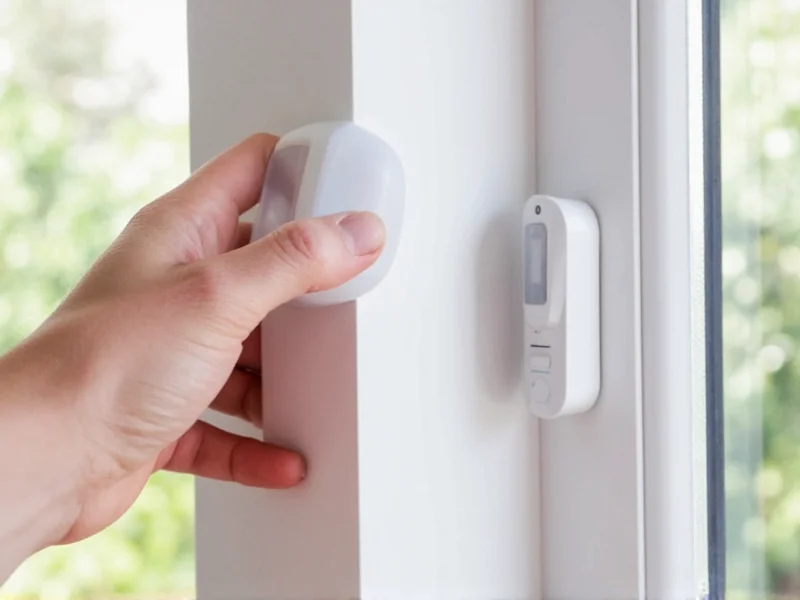 Hand installing wireless security sensor on window frame