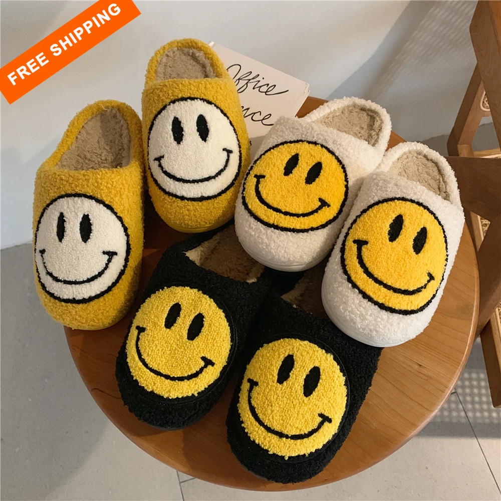 

FREE SHIPPING winter warm cartoon indoor plush mules fur house smile home plush happy smiley face slippers for women
