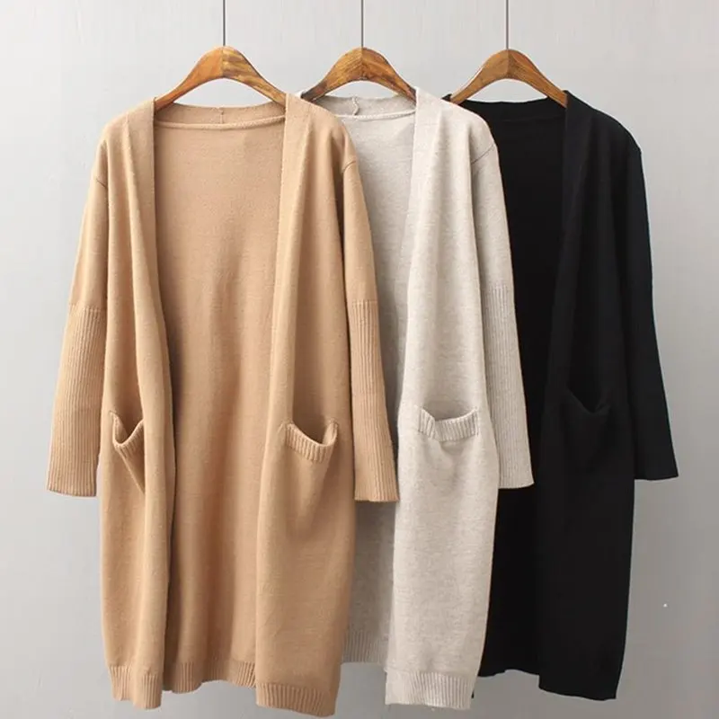 

Women Solid Cardigan Sweater with Pocket Autumn Winter Fashion Open Front Sweaters Loose Knitting Female Tops Khaki