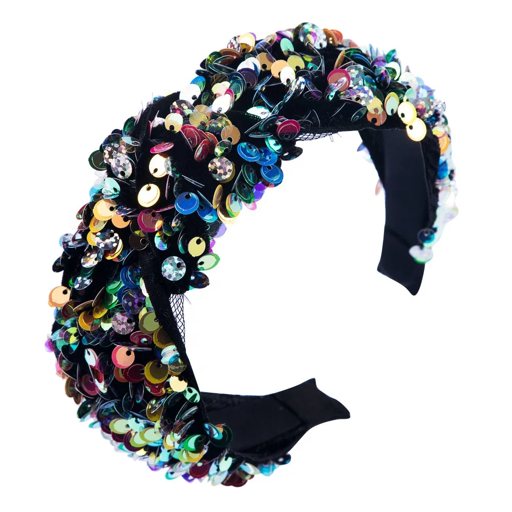 

New Fashion Hairband Wide Shining Fish Scale Sequins Bohemia Wide Side Headband Center Knot Turban Adult Women Hair Accessories, Picture shows