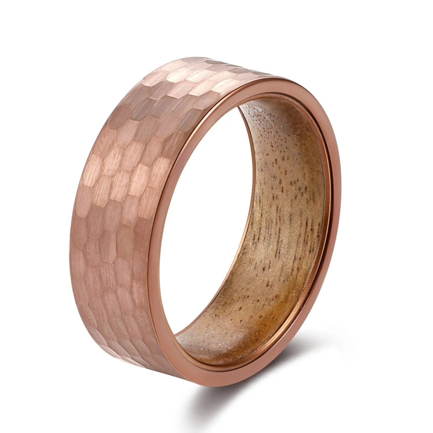 

POYA Tungsten Ring Hammered 8mm Rose Gold Plated Wedding Band for Men Koa Wood Inlay, Customized color
