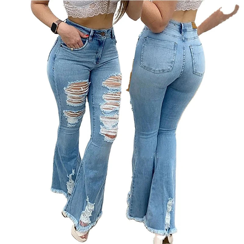 

Pockets Buttons Flare Pant Ripped Hole Distressed Denim Casual Bootcut Long Jeans With Tassel