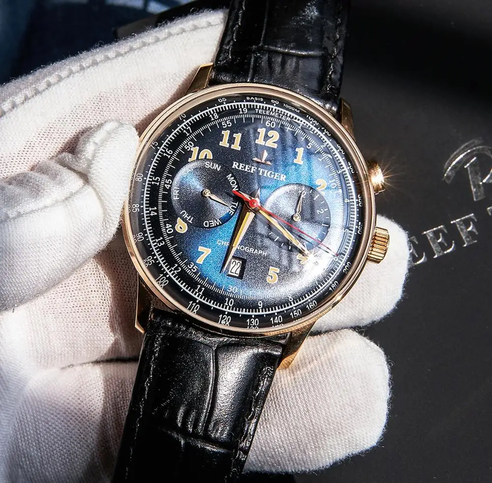 

Reef Tiger Luxury Brand Vintage Watch Men Rose Gold Brown Leather Strap Luminous Automatic Mechanical Watches RGA9122