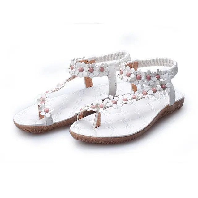 

Fashion Woman White Shoes Sandals Pearl Beads Flats Bohemian Chains Thong Gladiator Sandalias Sapatos Femininos, White ,black