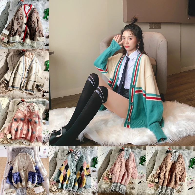 

Ladies fashion korean style printed lapel long cardigan single-breasted sweaters