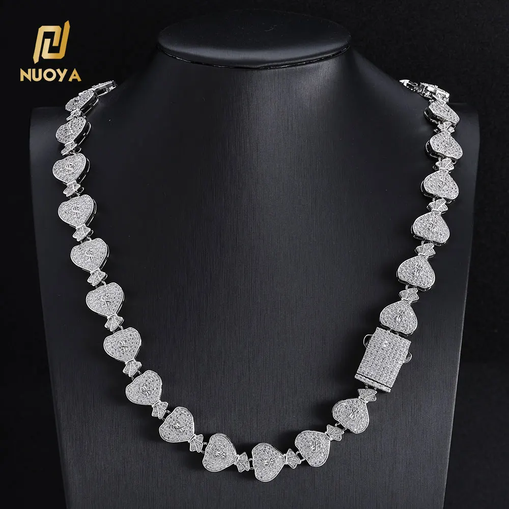 NUOYA Iced Out Jewelry Shiny Diamond Link for Women White Gold Plated Brass Micro Pave Zircon Money Bag Chain Necklace for Gift