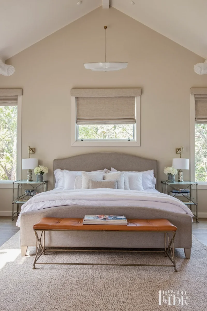 Bedroom with soft lighting from lamps and sconces