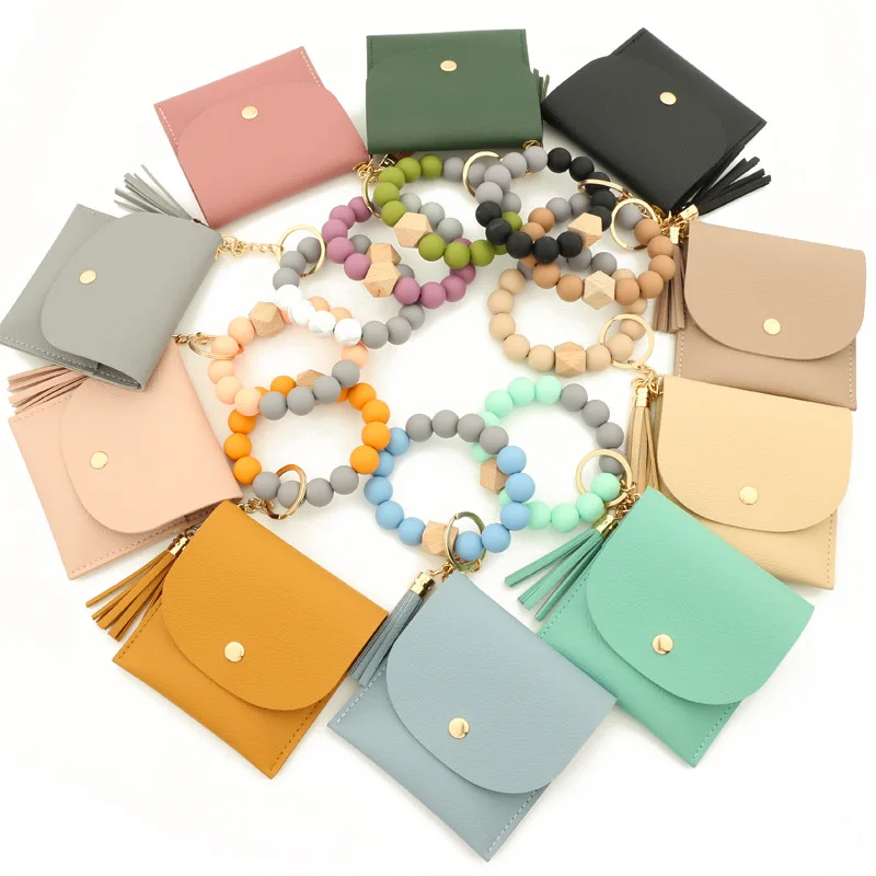 

2021 Pu leather cards holder key ring wristlet keychain silicon beads bracelet tassel bangle cards holder wallet for women, Candy colors and leopard colors