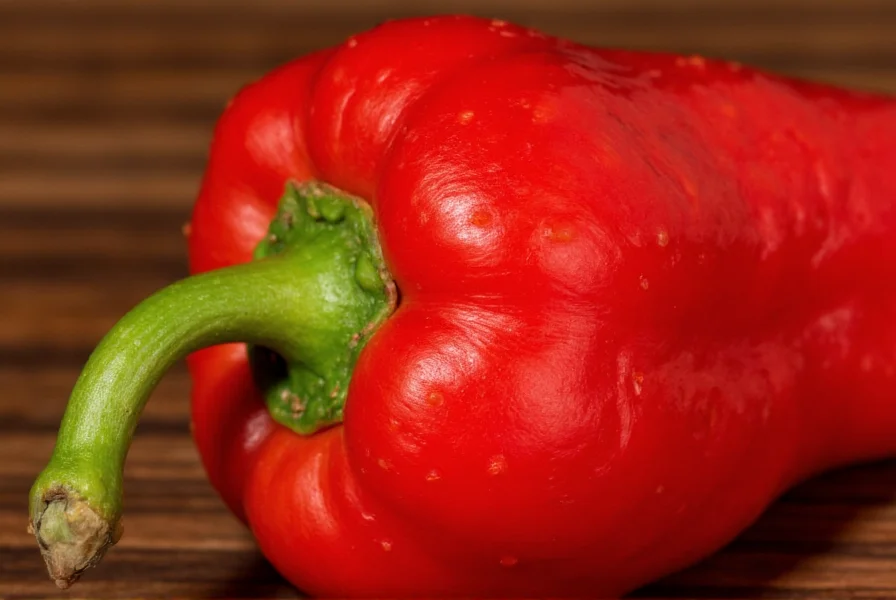 Close-up view of Carolina Reaper pepper showing distinctive red color and bumpy texture with characteristic tail