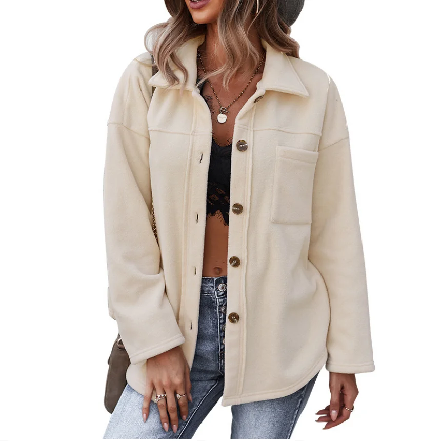 

Shirt Collar Winter Autumn Sheepskin Coat Casual Long Sleeves Button Short Jackets Fashion Office Lady Women Outwear Casual Top