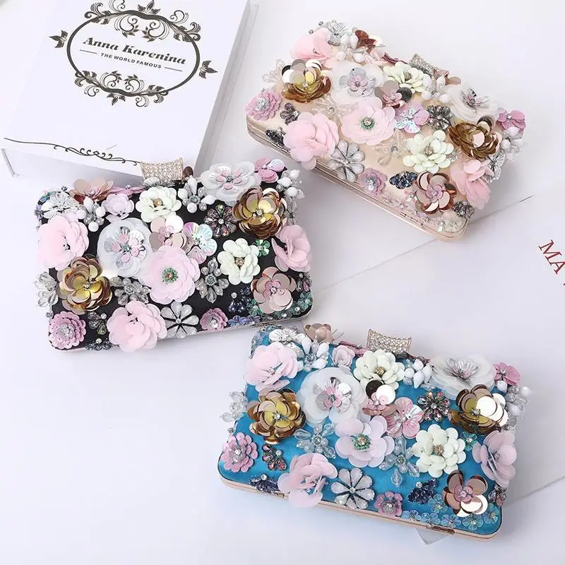 

2020 Luxury Charm Classic Fashion Silk Satin Flower Beaded Ladies Party Bag Evening Clutch Wedding Purse
