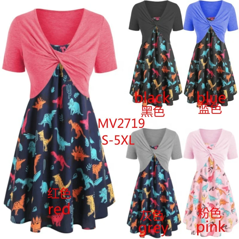 

Plus Size Dinosaur Print Ruffled Dress With Twist Top