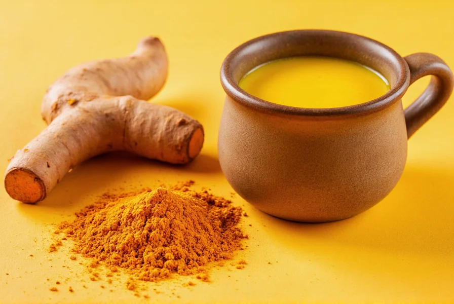 Close-up of fresh turmeric root, ground turmeric powder, and golden milk in a ceramic mug showing natural forms of turmeric consumption