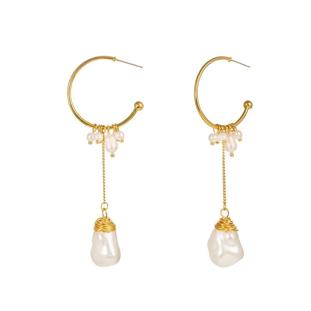 

New fashion gold plated long flameball natural fresh water baroque pearl drop earrings