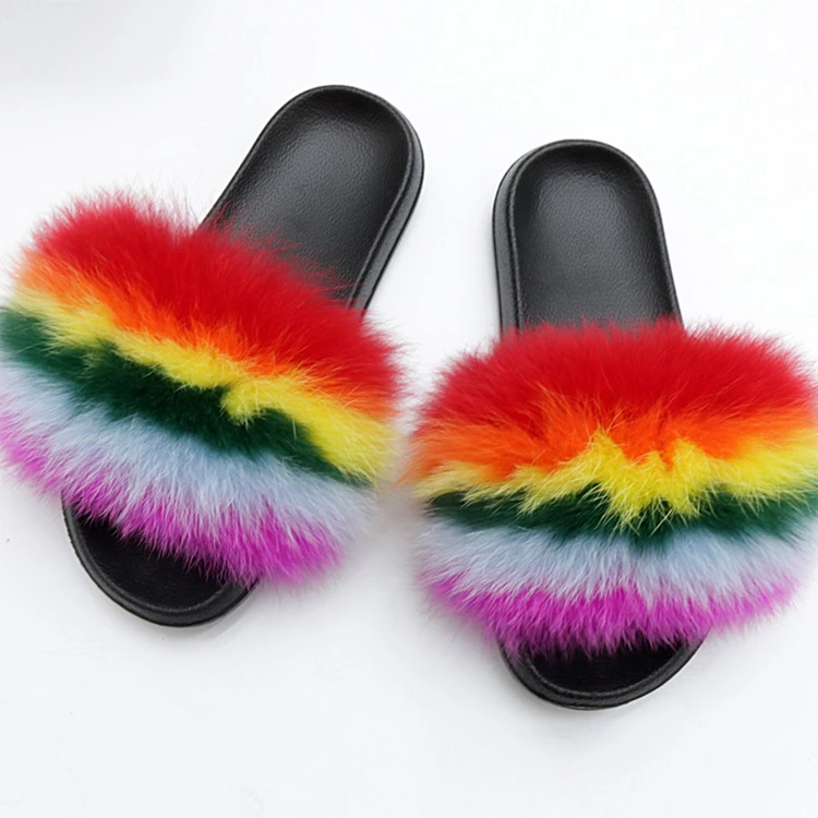 

Wholesale Indoor Flip Flops multicolor PVC Fluffy fur slides Raccoon Fur Fox Fur Slippers womens, Customized color