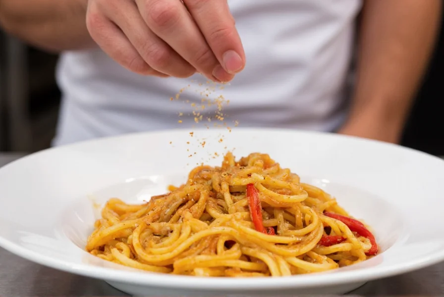 Chef's hand sprinkling red pepper flakes over a finished pasta dish