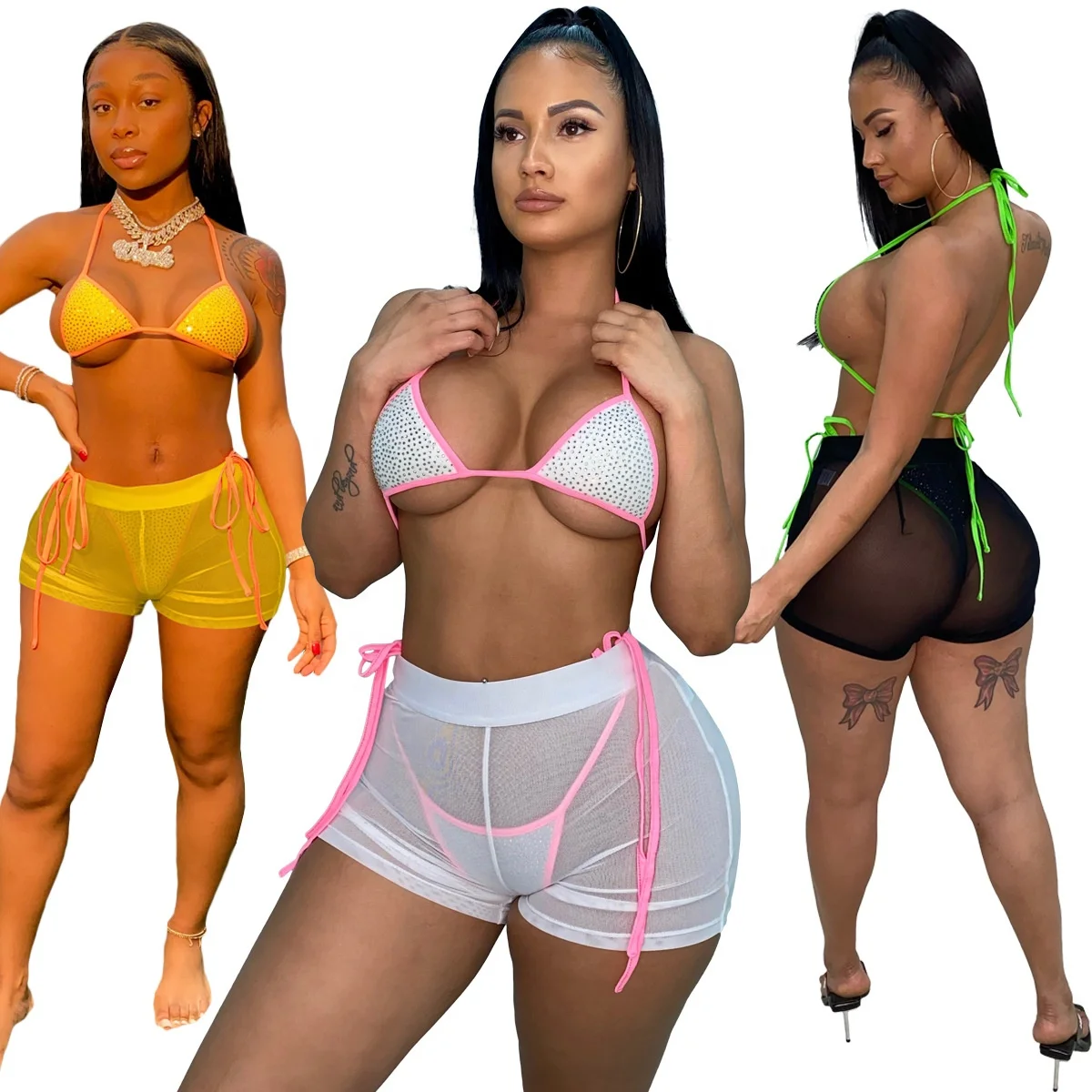 

Wholesale bikinis woman swimwear sexy mesh bikini 3 piece set