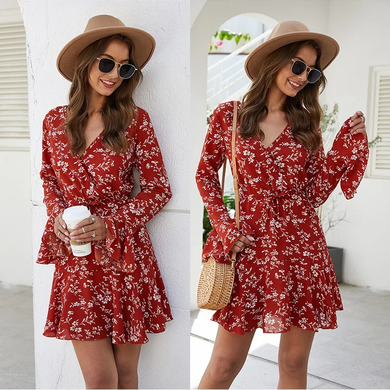 

2020 New Arrival spring summer long sleeve v-neck floral print new design A-Line women ladies mini dresses