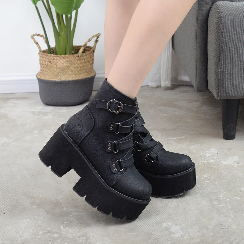 

113499 Fall winter fashion chunky sole cross strap buckle detail female ankle boots platform round toe women shoes size 35-40