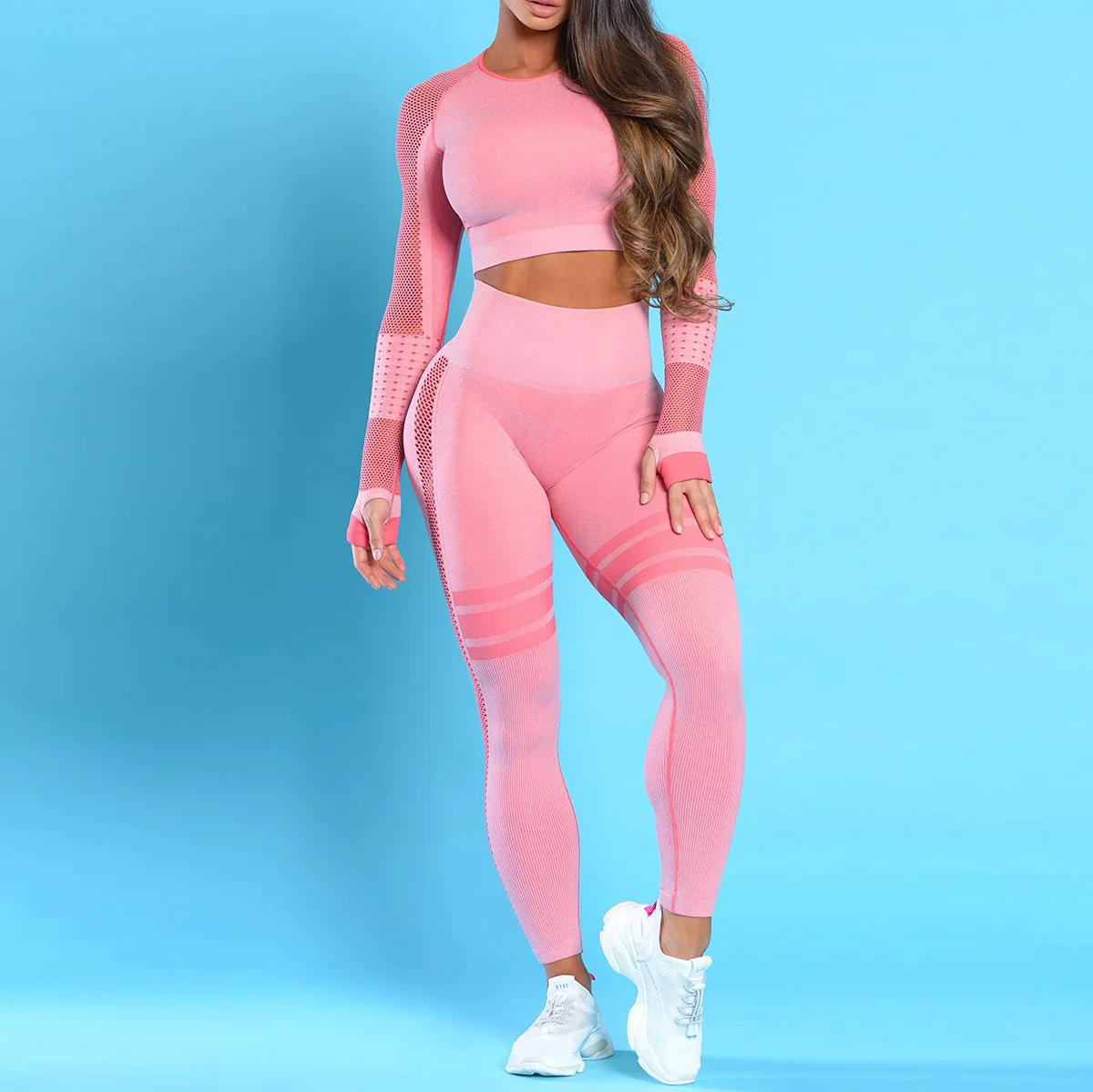 New Arrival Women Breathable Long Sleeve Crop Top Gym Leggings Yoga Set Seamless Mesh Yoga Set