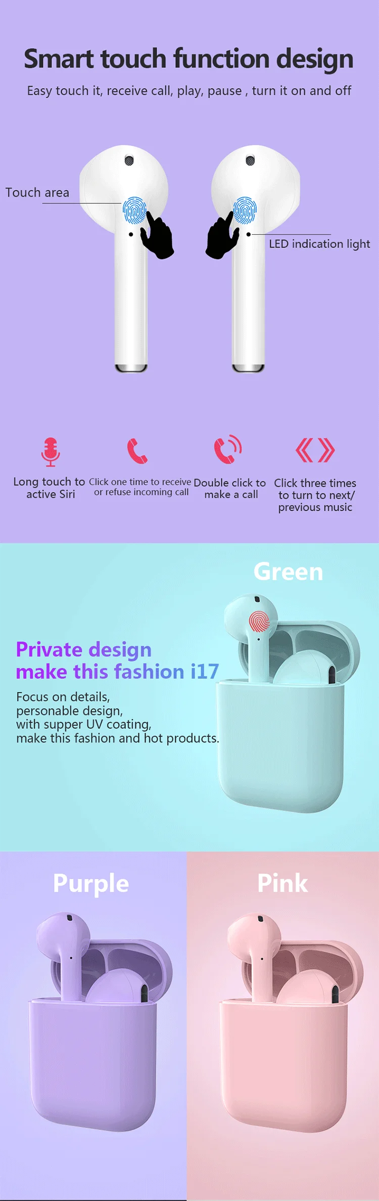 2019 New Original Custom Mini Touch Audifonos Bluetooths 5.0 Wireless i17 Earpoding Appling Airpoding I17 Tws Earphone Earbuds - ANKUX.COM