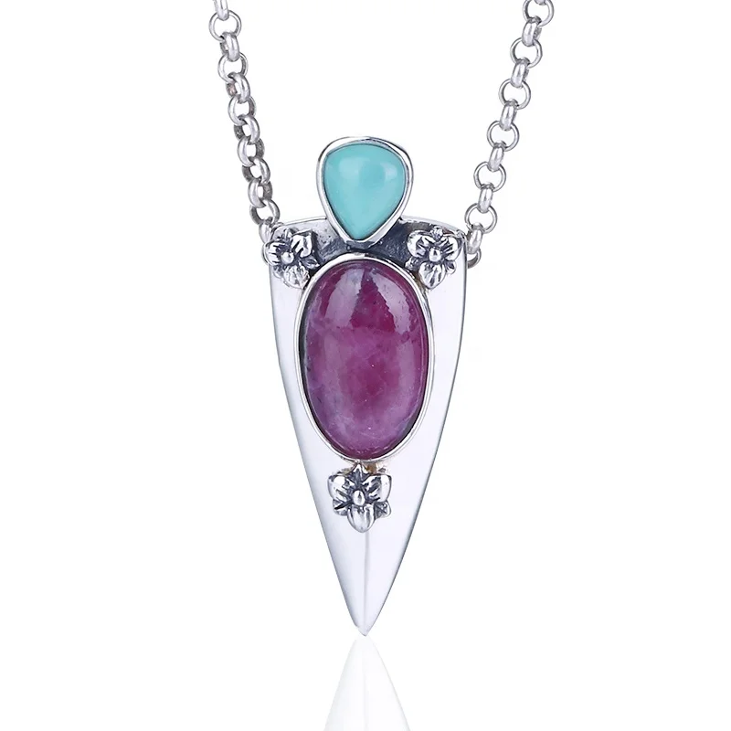

New Designed Natural Gemstone Turquoise And Red Ruby Combination Two Stone 925 Sterling Silver Pendant Without Chain