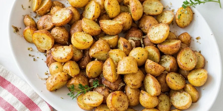 Platter of golden roasted potatoes with colorful garnishes