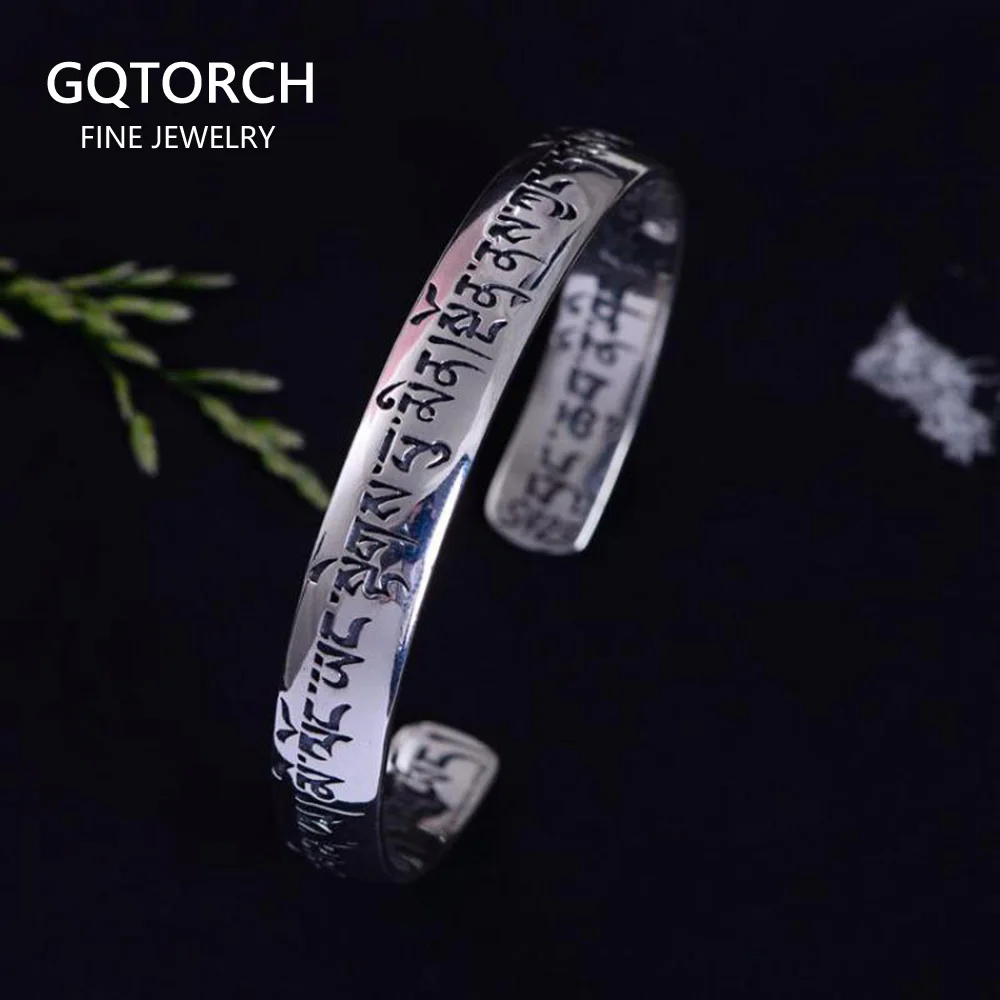 

Simple Smooth Sanskrit Six Words Engraved Cuff 925 Sterling Silver Bracelet Adjustable Bangles For Men And Women