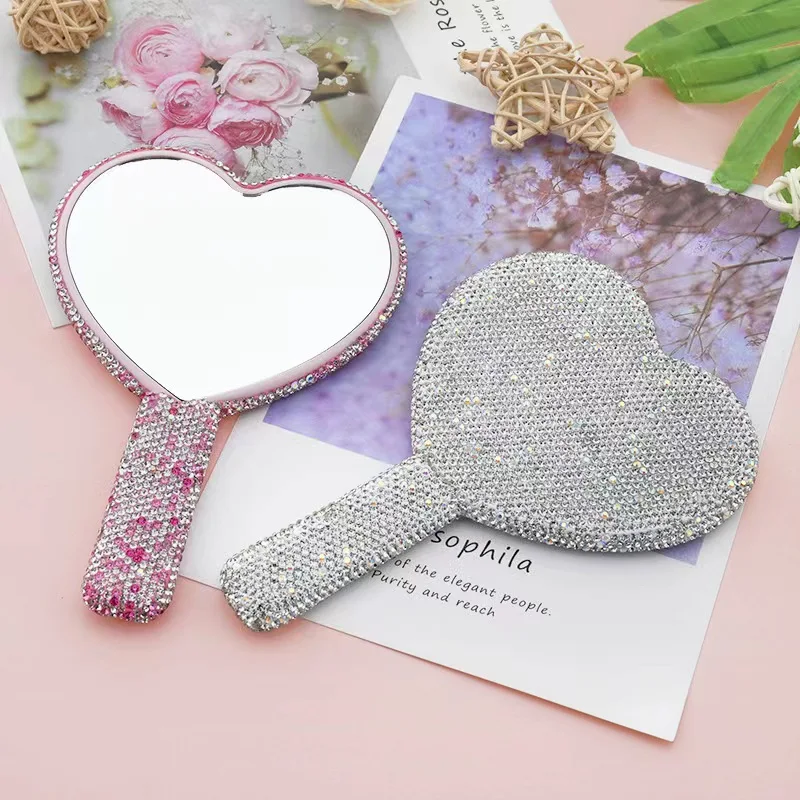 Cosmetic Luxury Shiny Diamond Makeup Mirror Heart Luxury Rhinestone Hand Held Mirror