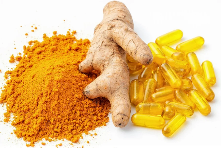 Turmeric root and capsules showing natural spice versus supplement form for inflammation relief